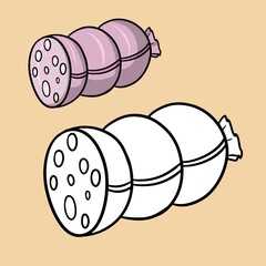 Coloring book set, Delicious pink piece of boiled sausage with bacon slices, vector cartoon illustration
