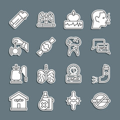Set line No smoking, Inhaler, Heartbeat increase, Candy, Hypnosis, Lighter and Tooth with caries icon. Vector