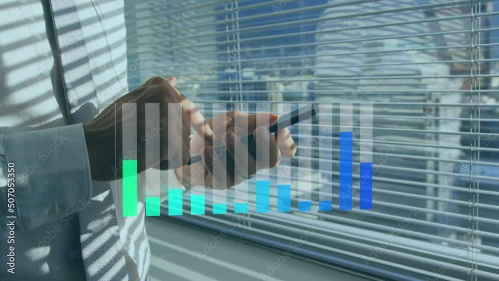 Poster animation of statistics and data processing over caucasian man using smartphone