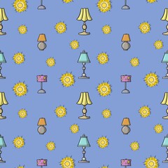 Delicate print. Table lamps with multicolored lampshades, seamless square pattern in cartoon style