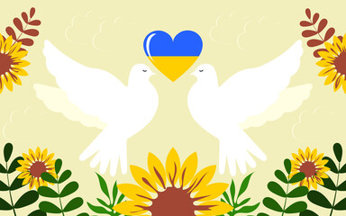 Pair of white doves of peace. Heart with the colors of the flag of Ukraine. Sunflowers are symbols of the Day of Remembrance of the Defenders of Ukraine. Vector.