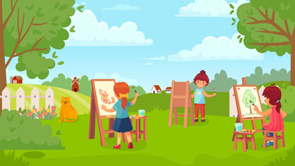 Kids drawing picture in garden, art class