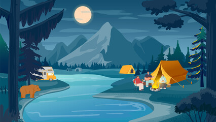 Mountain night camping, nature landscape near river