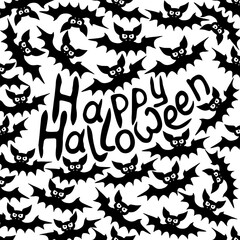 Vector frame with vampire bats and Happy Halloween lettering. Border, decor for greeting card, invitation, party poster in flat style