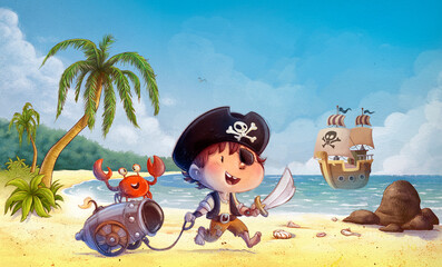 Fototapeta premium illustration of pirate boy on the beach