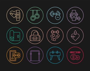Set line Barbell, Heartbeat increase, Dumbbell, Sport bag, Fitness mat roll, Smart watch with heart, Sports doping dumbbell and Gymnastic rings icon. Vector