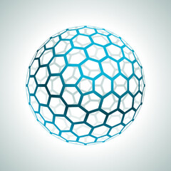 Fototapeta na wymiar Realistic blue glossy sphere hole hexagonal structure mesh geometric shape 3d template vector illustration. Rounded three dimensional honeycombs texture grid futuristic mosaic pattern isolated