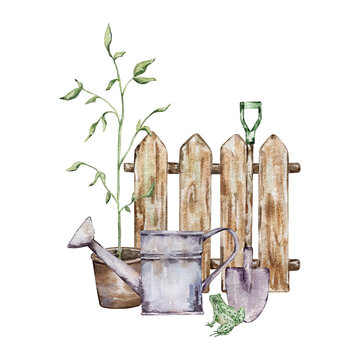 Watercolor wooden fence with tools