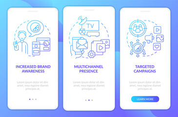 Digital transformation pros blue gradient onboarding mobile app screen. Walkthrough 3 steps graphic instructions pages with linear concepts. UI, UX, GUI template. Myriad Pro-Bold, Regular fonts used