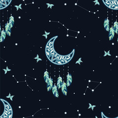 Star seamless pattern and boho astrology. Mystical and bohemian symbols of the crescent and stars.