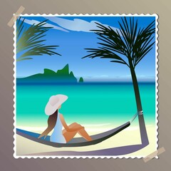 Vector graphics, illustration in the form of a stamp with an image of a sea beach with a girl. A girl on the beach in a hat with a large brim in a hammock. Sea holidays, travel.
Web