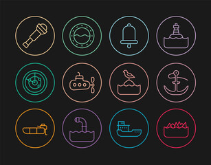 Set line Sharp stone reefs, Anchor, Ship bell, Submarine, Radar with targets, Spyglass telescope lens, Seagull sits buoy and porthole icon. Vector