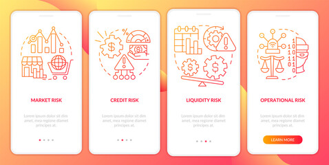 Fototapeta premium Risk categories gradient red onboarding mobile app screen. Safety plan walkthrough 4 steps graphic instructions pages with linear concepts. UI, UX, GUI template. Myriad Pro-Bold, Regular fonts used