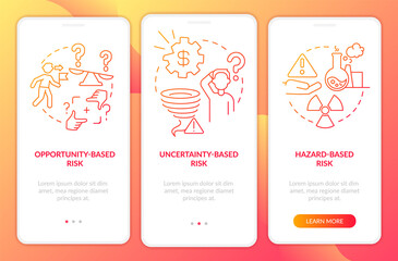 Naklejka premium Risks types red gradient onboarding mobile app screen. Problems analysing walkthrough 3 steps graphic instructions pages with linear concepts. UI, UX, GUI template. Myriad Pro-Bold, Regular fonts used
