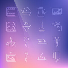 Set line Cutting board, Hammer, Hair dryer, Electric kettle, Washbasin, Gas stove, Oven and Rubber plunger icon. Vector