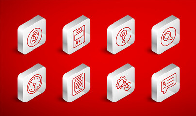 Set line Speech bubbles with Answer, Exam sheet plus grade, Question, Magnifying glass, Timing belt kit, Ear listen sound signal, Certificate template and Clock icon. Vector