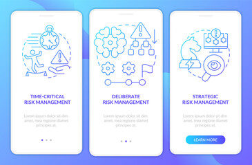 ORM levels blue gradient onboarding mobile app screen. Financial safety walkthrough 3 steps graphic instructions pages with linear concepts. UI, UX, GUI template. Myriad Pro-Bold, Regular fonts used