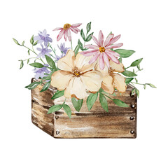 Watercolor wooden garden box with flowers