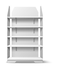 Empty shelving stand. Realistic shopping shelves. Supermarket and stores furniture. Clean showcase. Shop interior. Racking front view. Merchandise presentation. Vector multilevel rack