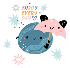 Enjoy every day card. Cute moon holding kid umbrella