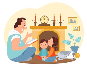 Father and kids time. Cartoon dad reads book for children. Family pastime. Parent together with sons. Brothers listen fairy tale. Home recreation. Room with fireplace. Vector concept