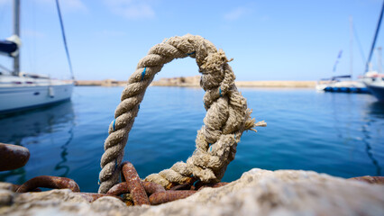 Marine rope loop against sea, port and boats.