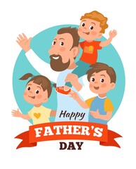 Father International holiday. Daddy Day poster. Cute children with dad. Family pastime. Brothers and sister. Parent together with kids. Happiness and love. Greeting card. Vector concept