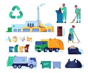 Fototapeta na wymiar Garbage collection service. Litter disposal. Scavengers characters with broomstick. Waste recycling plant. Dumpsters and trash truck. Rubbish sorting bins. Vector refuse cleaning set