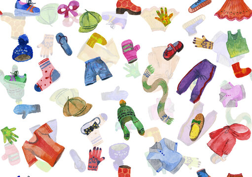 A sample of a seamless pattern of watercolor sketches of clothing items