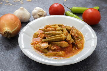 Bamya, Turkish traditional food. (Turkish cuisine) Homemade Food Okra in Plate. Organic Food.