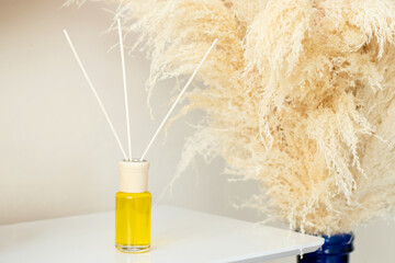 Fototapeta premium Aroma diffuser is on the table in the room. Selective focus. The concept of comfortable living