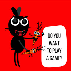 Hare and carrot, cartoon illustration, character. Do you want to play a game
