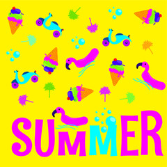Summer pattern vector background, ice cream, tree, moped scooter