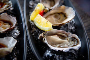 Fresh oysters appetizer with sauce and lemons in the traditional Japanese ramen restaurant, with a black plate on a black mat in a black scene background