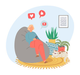 Social media activity from home sitting in chair