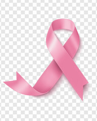 Realistic pink ribbon, breast cancer awareness symbol in October, vector illustration
