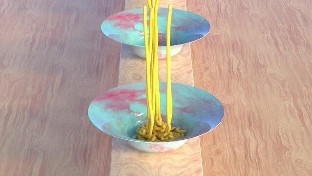 3D animation loop of yellow spaghetti falling on colorful plates on wood restaurant