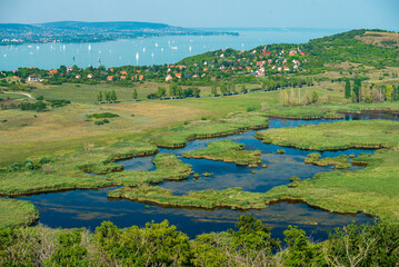 View to Lake Balaton from Tihany peninsula, Watchtower-lookout. Tihany peninsula with small lake,...