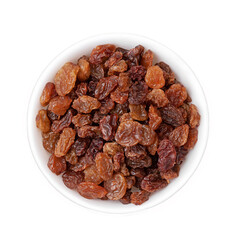 Raisins in a white cup, top view on a white background
