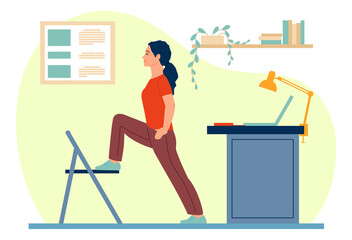 Workplace workout people. Physical training in office. Work break. Woman doing sport exercise. Employee standing in fitness position. Healthy lifestyle. Vector worker practicing yoga
