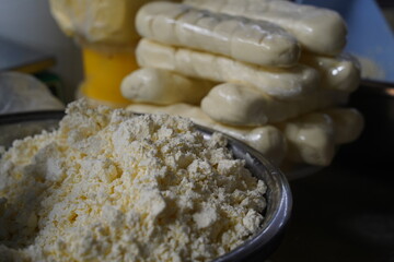 Almaty, Kazakhstan - 03.25.2022 : Sour-milk and cheese products are placed for sale in an open market.