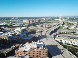 Aerial view famous Margaret Hunt Hill and Margaret McDermott Bridge cross over Trinity River from...