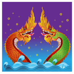 Vector illustration, two serpents, in the water, backlit, Naga fireballs 