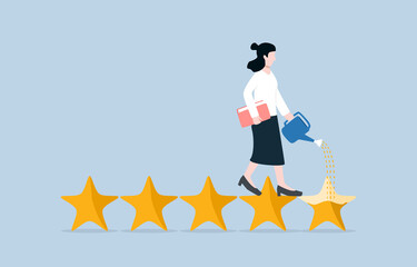 Developing marketing strategies to make customers give higher star rating, business reputation concept.  Businesswoman watering to fulfill 5th star metaphor of increasing credit score from customers.
