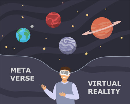 Man with goggle sees space. Concept of surrealism, immersive experience, metaverse or virtual reality.