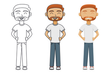 flat illustration set of man with orange hair and beard smiling and standing in confident pose