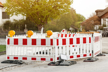 Road Blocked Sign Barrier. Road Barricade around Repair Road. Road Barrire on Roadworks.