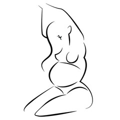 vector linear elegant drawing of a silhouette of a pregnant woman in lingerie with her arms up. woman is expecting a baby. the joys of motherhood. waiting for the baby. isolated on white background.