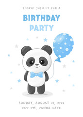 Birthday party invitation with cute little panda, blue balloon and bow tie. Vector illustration