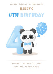 Birthday party invitation with cute little panda boy with number four, blue balloon and bow tie. Vector illustration